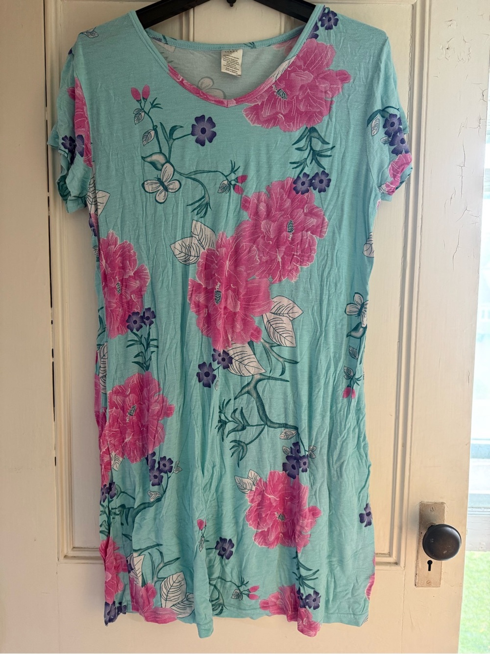 Serra Floral Nightgown in Aqua with Pink & Purple Blooms